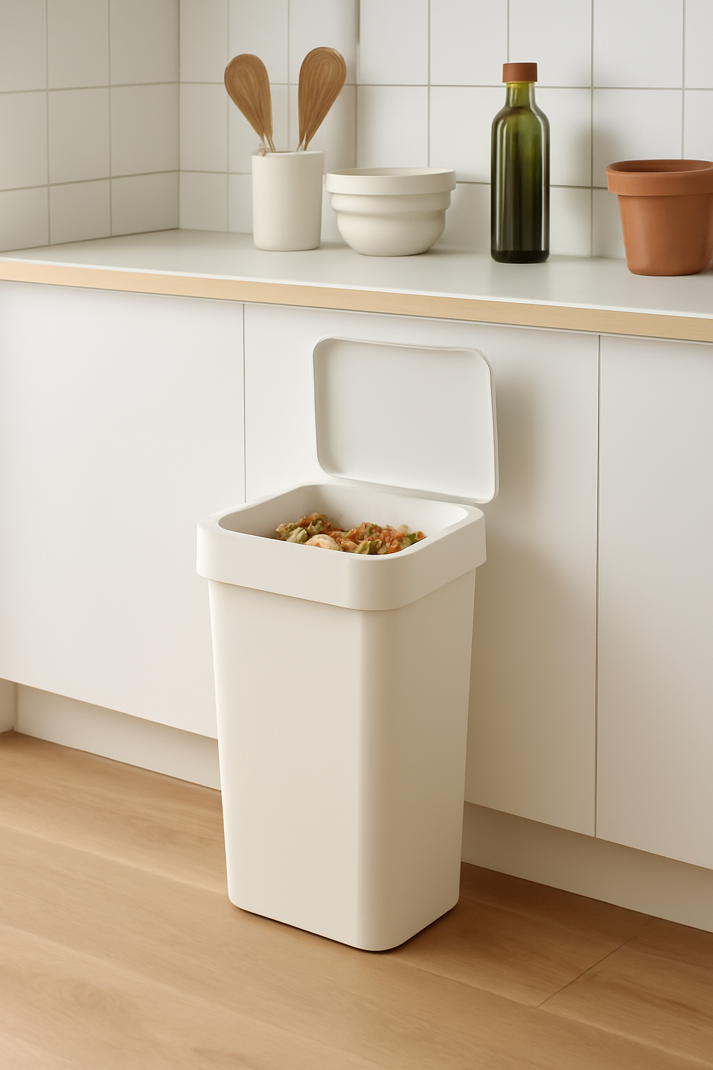 シンプルでモダンなキッチンに置かれた白い蓋付きゴミ箱。ゴミ箱の中には、キャロットの皮や紙くず、野菜の残りなどが見え、整然としたカウンターには木製の調理器具、積み重ねられたセラミックボウル、オリーブオイルの瓶が配置されています。自然光が差し込み、清潔感あふれる空間が演出されたキッチンの風景。